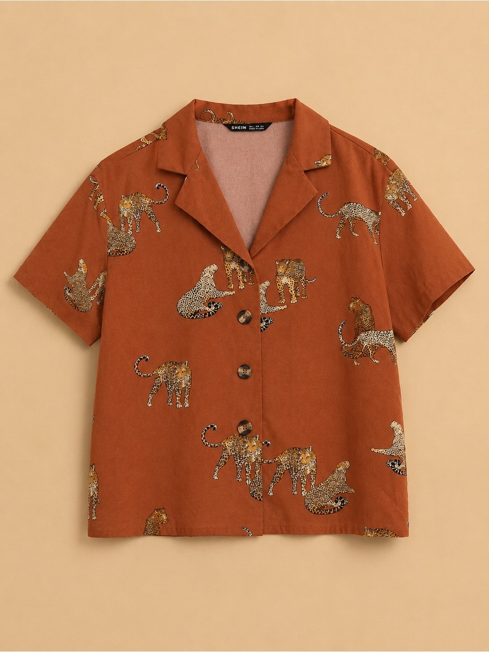 Leopard Print Button Front Camp Shirt | Orange Rust | Women’s Small